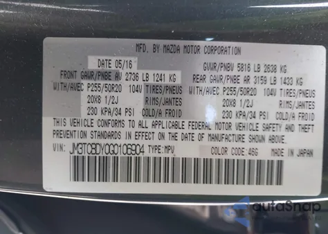 2016 Mazda Cx-9 Grand Touring z USA, uszkodzony, nr VIN JM3TCBDY0G0106904